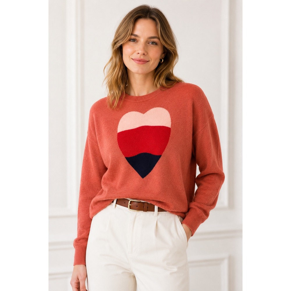 Anthropologie Sundry‎ Heart Intarsia Sweater Womens M Rust Orange Wool Cashmere